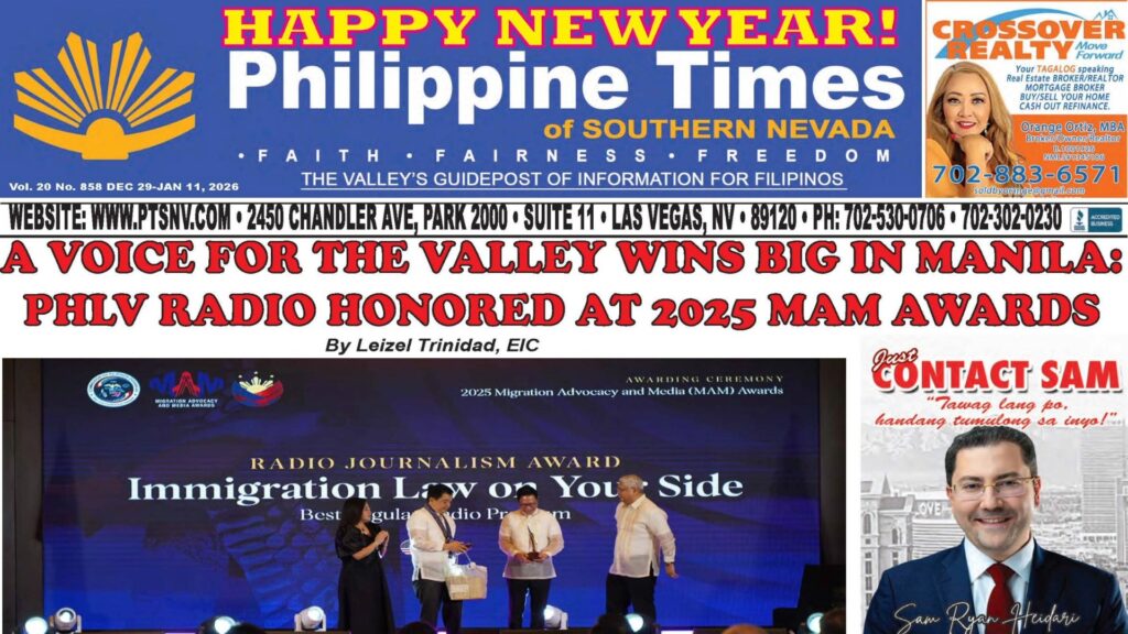 PHLV Radio team accepting the Radio Journalism Award at the 2025 MAM Awards in Manila, featured on the front page of the Philippine Times of Southern Nevada.