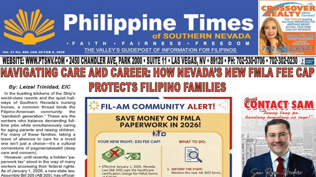 Front page of the Philippine Times of Southern Nevada newspaper, Jan 26 - Feb 8, 2026 edition, featuring a headline about Nevada's $30 FMLA certification fee cap.