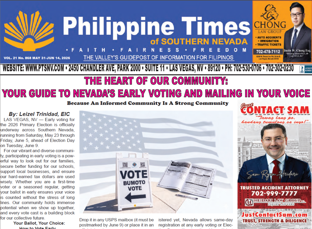 Front page of the Philippine Times of Southern Nevada, May 31, 2026 edition, featuring a guide to Nevada early voting