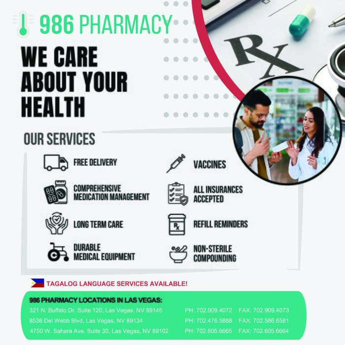 986 Pharmacy Las Vegas advertisement with Tagalog language services available