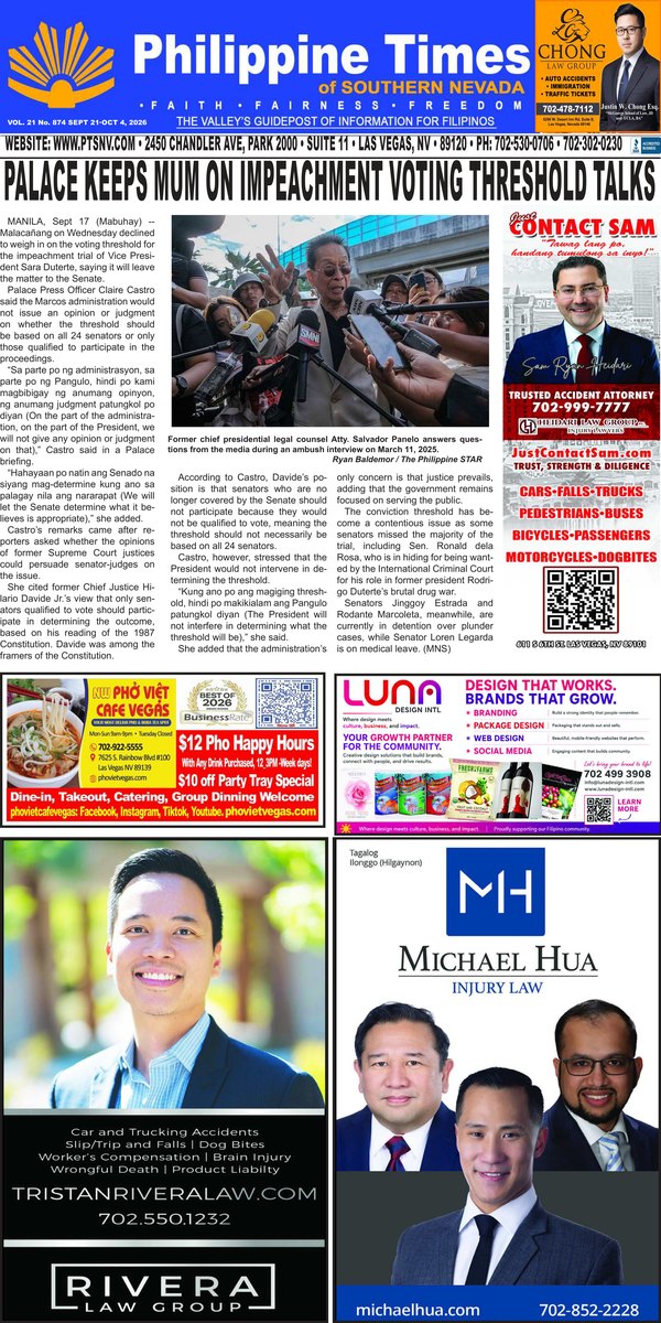 Front page of the September 21, 2026 Philippine Times of Southern Nevada