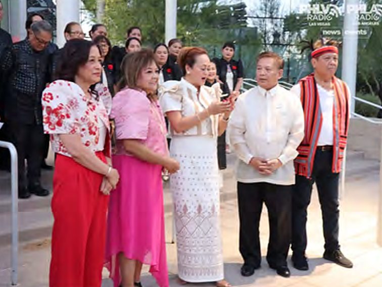 Community leaders in Filipiniana attire at the Las Vegas City Hall lighting for Filipino American History Month