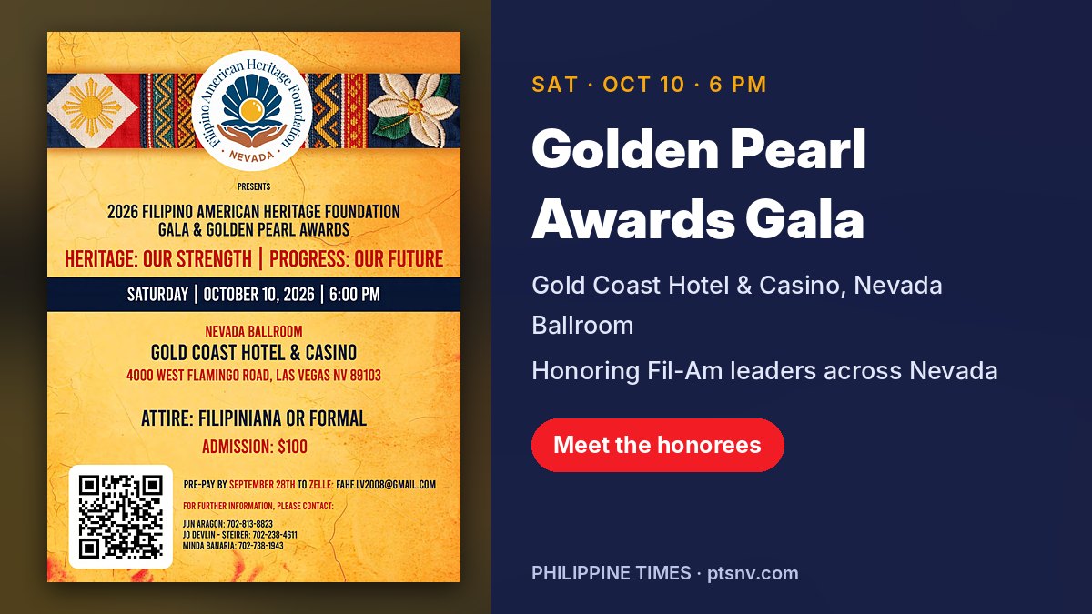 2026 Filipino American Heritage Foundation Gala and Golden Pearl Awards, Saturday, October 10, 2026, Gold Coast Hotel and Casino, Las Vegas