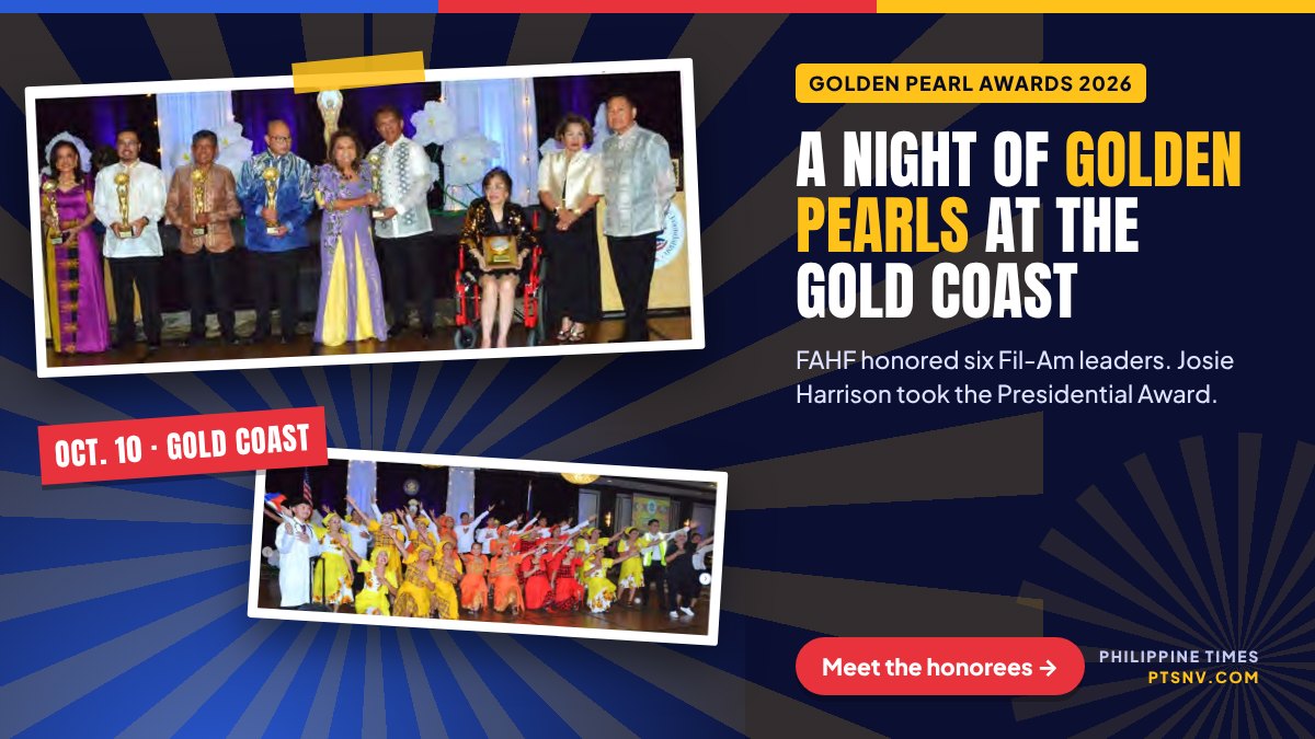 Honorees with their trophies on stage at the 2026 Filipino American Heritage Foundation Gala and Golden Pearl Awards at the Gold Coast in Las Vegas