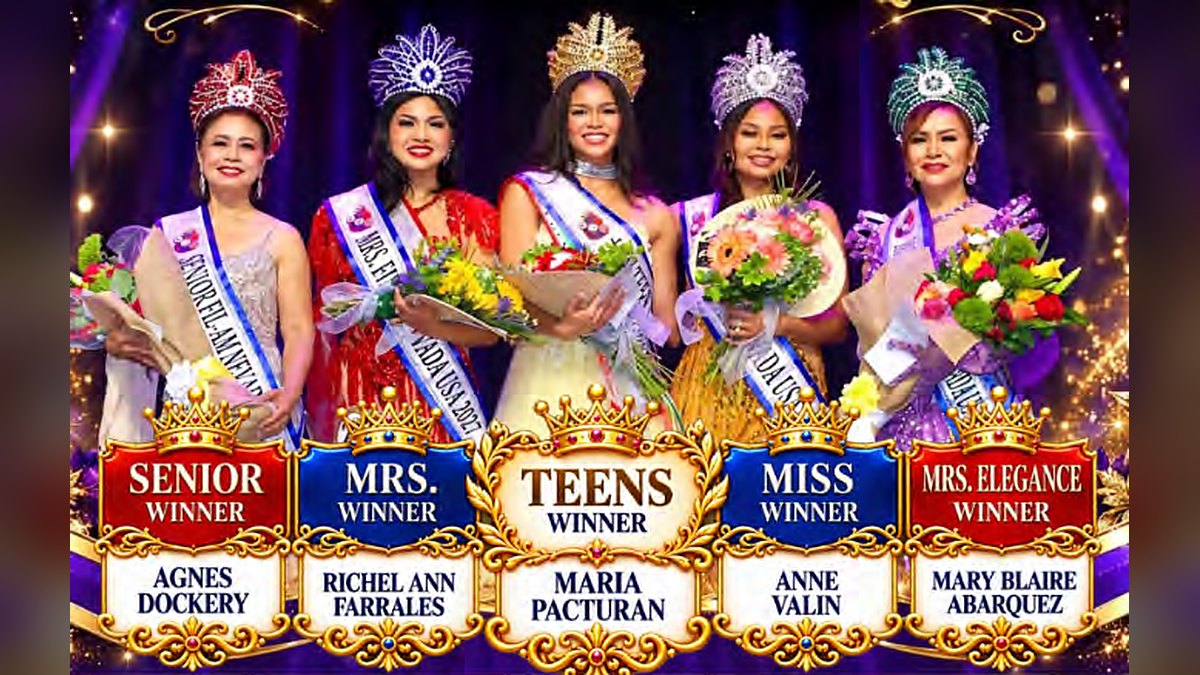 The 2027 Fil-Am Nevada USA queens: Agnes Dockery (Senior), Richel Ann Farrales (Mrs.), Maria Pacturan (Teens), Anne Valin (Miss) and Mary Blaire Abarquez (Mrs. Elegance)