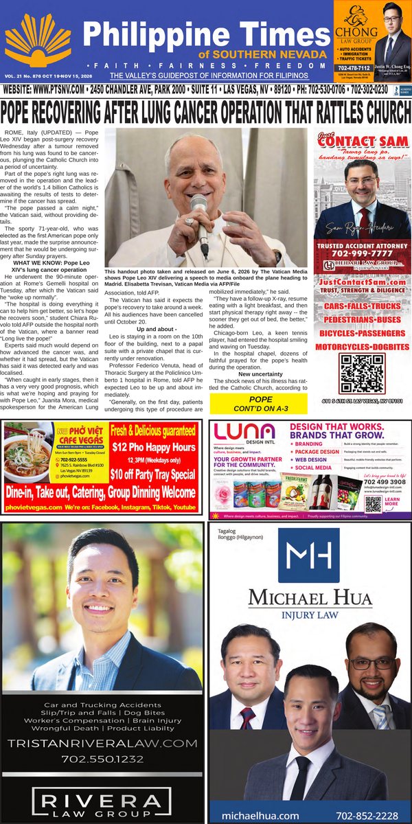 Front page of the October 19, 2026 Philippine Times of Southern Nevada, Vol. 21 No. 876, leading with Pope Leo XIV's recovery after lung cancer surgery