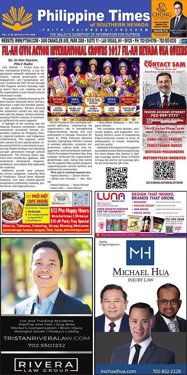Front page of the October 5, 2026 Philippine Times of Southern Nevada — Vol. 21 No. 875