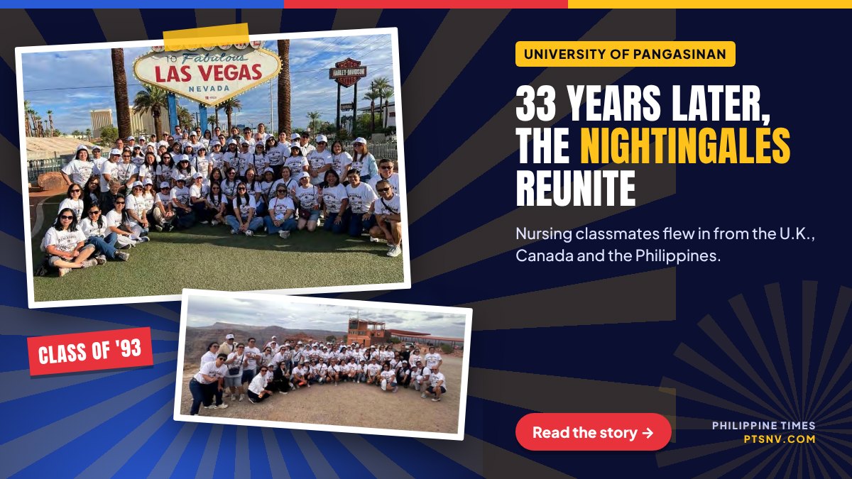 University of Pangasinan Nursing Class of 1993 alumni at the Welcome to Fabulous Las Vegas sign and Grand Canyon West during their first reunion