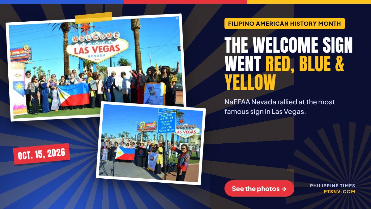 NaFFAA Nevada members with a Philippine flag at the Welcome to Fabulous Las Vegas sign on October 15, 2026, for Filipino American History Month